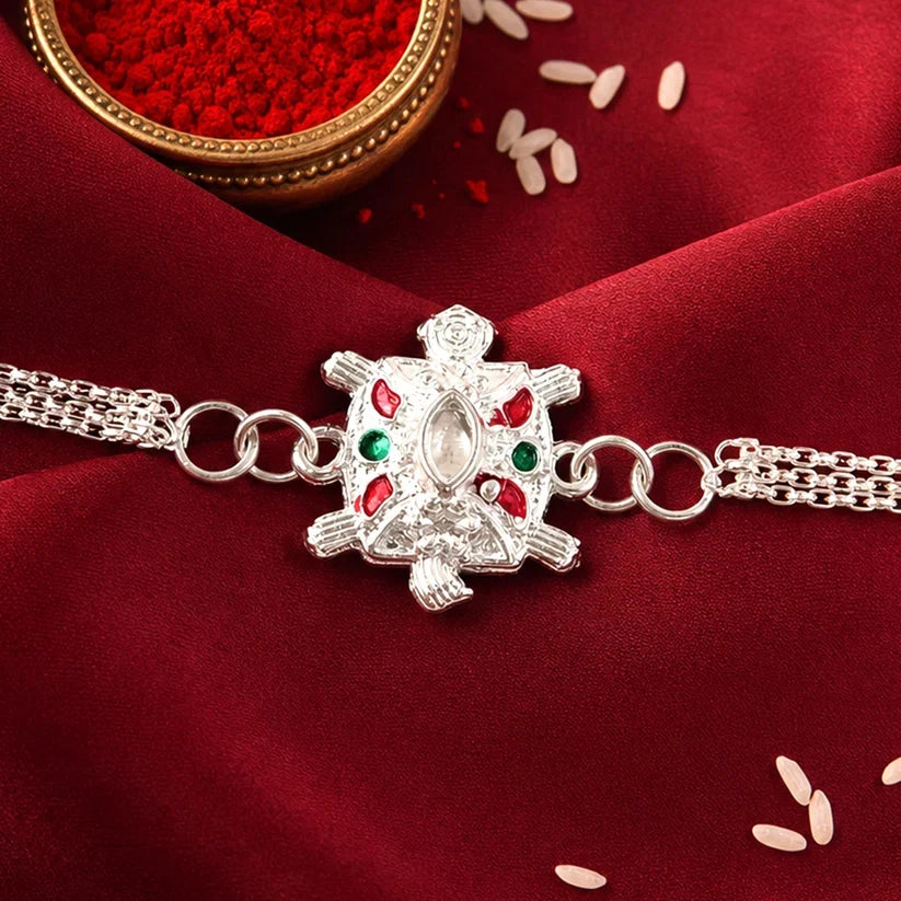 Mor Motif Meenakari, Ganesha Kundan & Silver Turtle Rakhi for Brother (3 Pc Set)