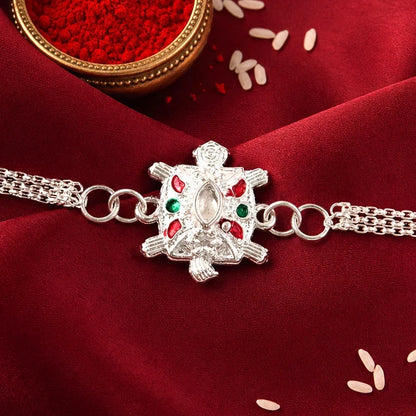 Mor Motif Meenakari, Ganesha Kundan & Silver Turtle Rakhi for Brother (3 Pc Set)