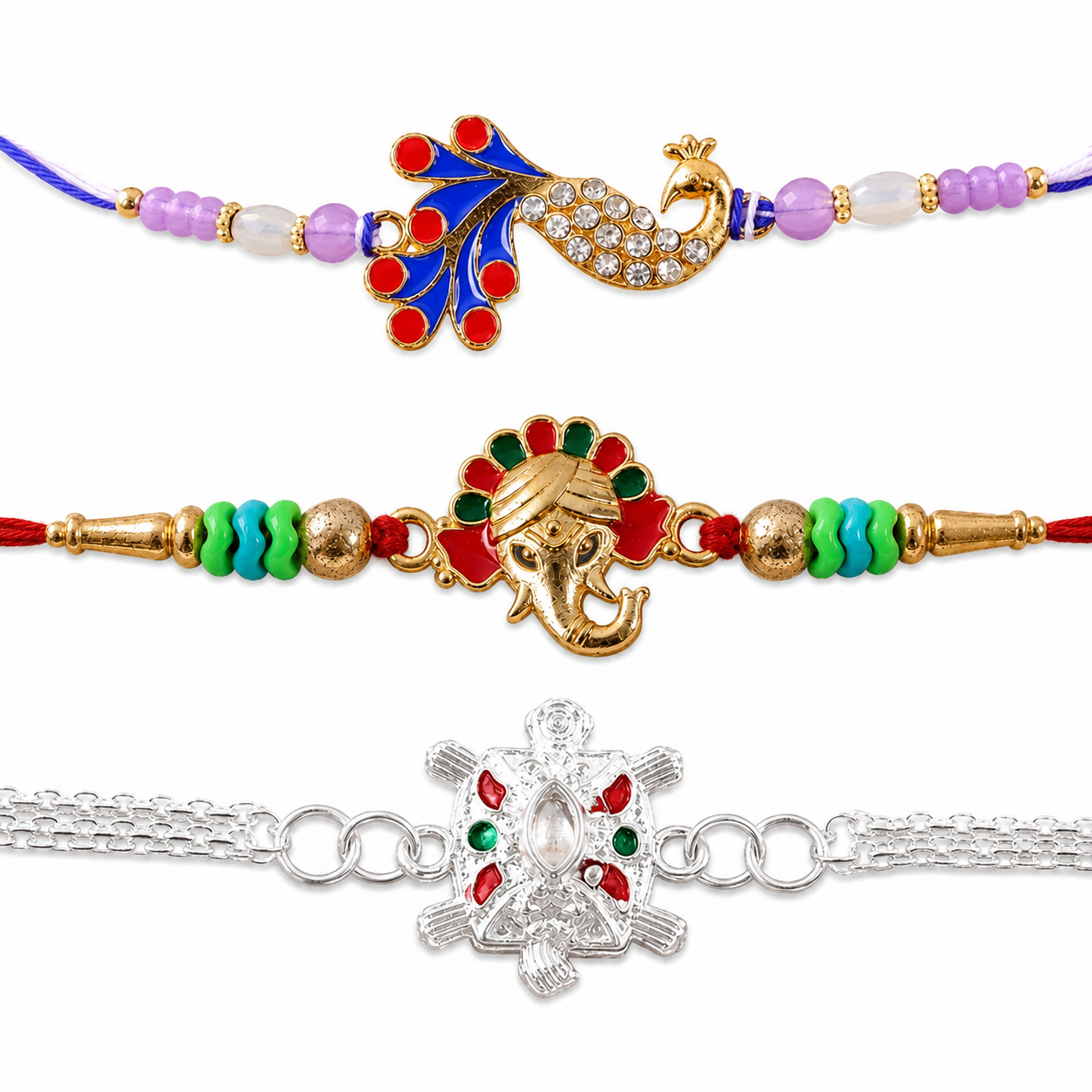 Mor Motif Meenakari, Ganesha Kundan & Silver Turtle Rakhi for Brother (3 Pc Set)