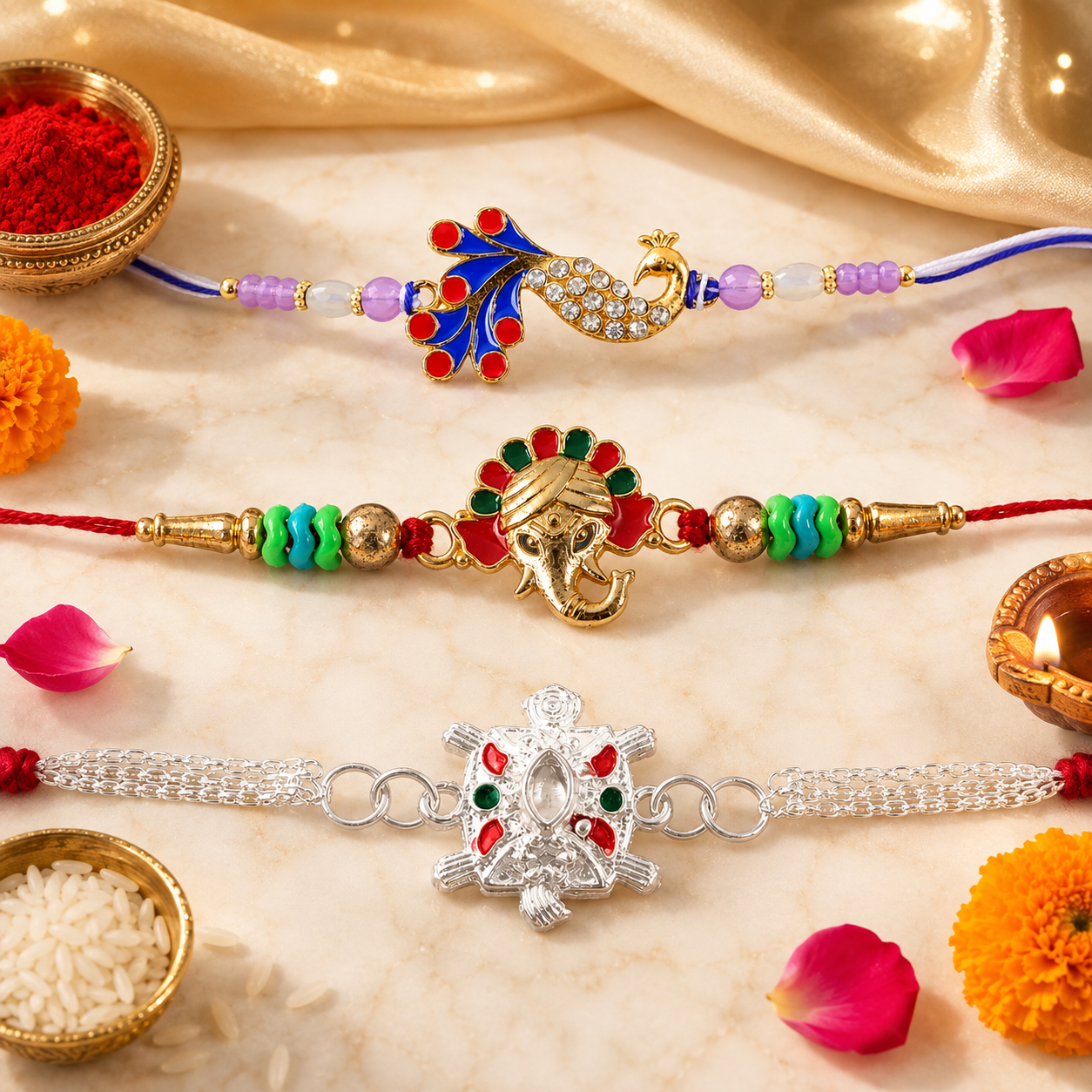 Mor Motif Meenakari, Ganesha Kundan & Silver Turtle Rakhi for Brother (3 Pc Set)