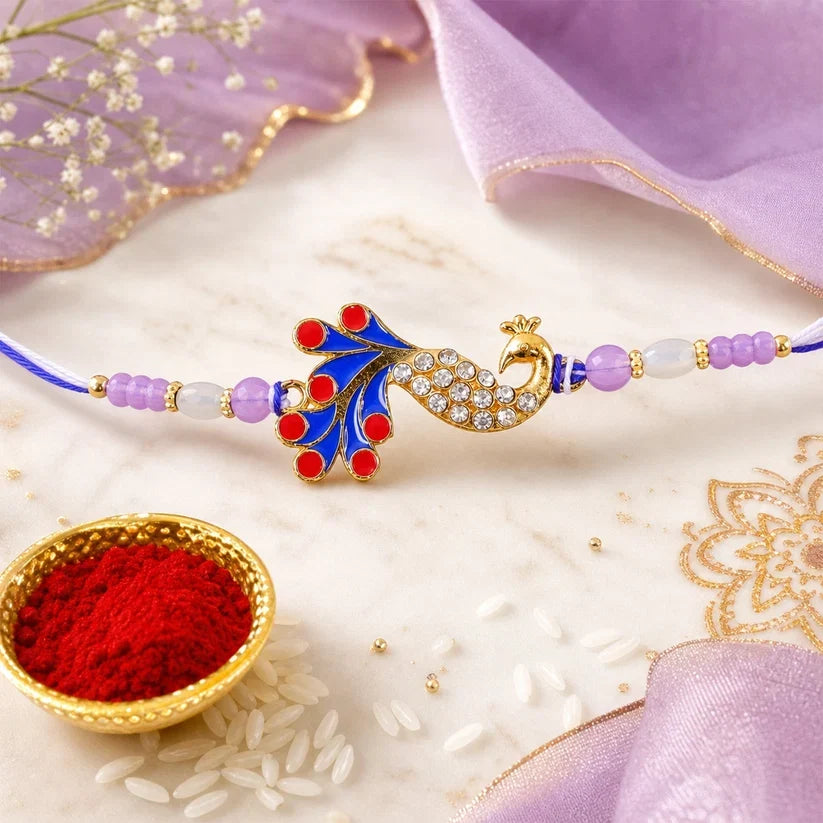 Mor Motif Meenakari, Ganesha Kundan & Silver Turtle Rakhi for Brother (3 Pc Set)