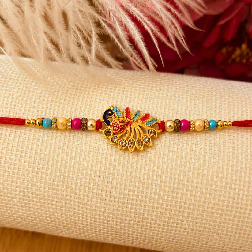 Bro Evil Eye, Colorful Peacock Stone & Silver Ganesha Rakhi for Brother (3 Pc Set)