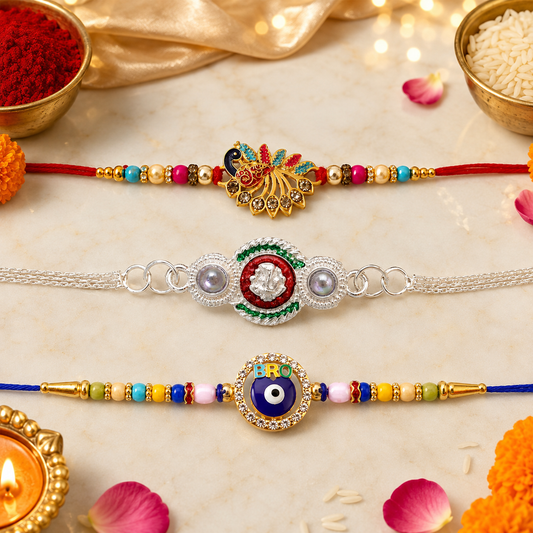 Bro Evil Eye, Colorful Peacock Stone & Silver Ganesha Rakhi for Brother (3 Pc Set)