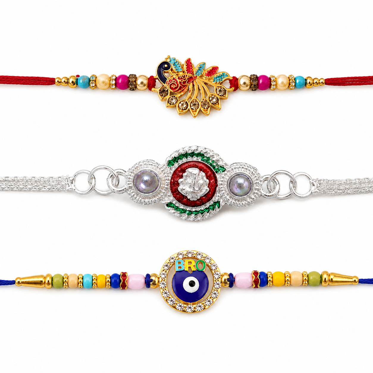 Bro Evil Eye, Colorful Peacock Stone & Silver Ganesha Rakhi for Brother (3 Pc Set)