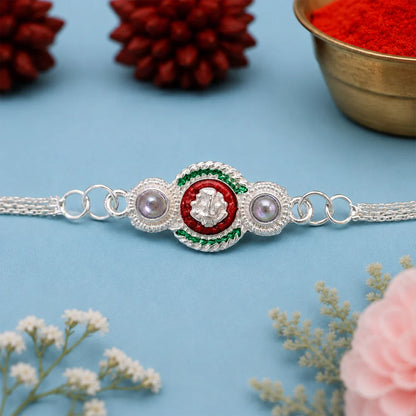 Bro Evil Eye, Colorful Peacock Stone & Silver Ganesha Rakhi for Brother (3 Pc Set)