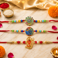 Premium Multicolor Beads, Ganesha & Peacock Design Rakhi for Brother (3 Pc Set)