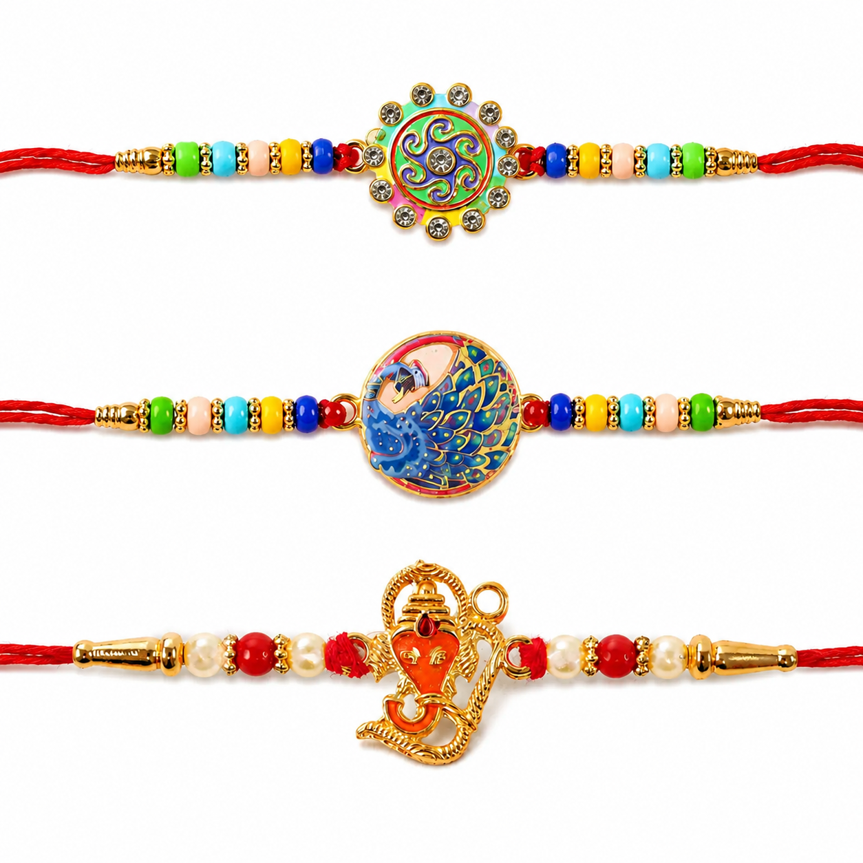 Premium Multicolor Beads, Ganesha & Peacock Design Rakhi for Brother (3 Pc Set)