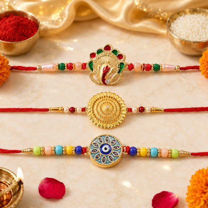 Evil Eye Mandala Round, Golden Flower & Sacred Om Ganesha Rakhi for Brother (3 Pc)