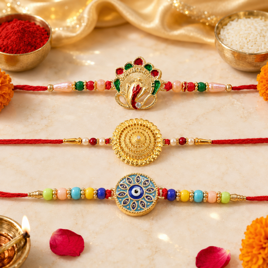 Evil Eye Mandala Round, Golden Flower & Sacred Om Ganesha Rakhi for Brother (3 Pc)