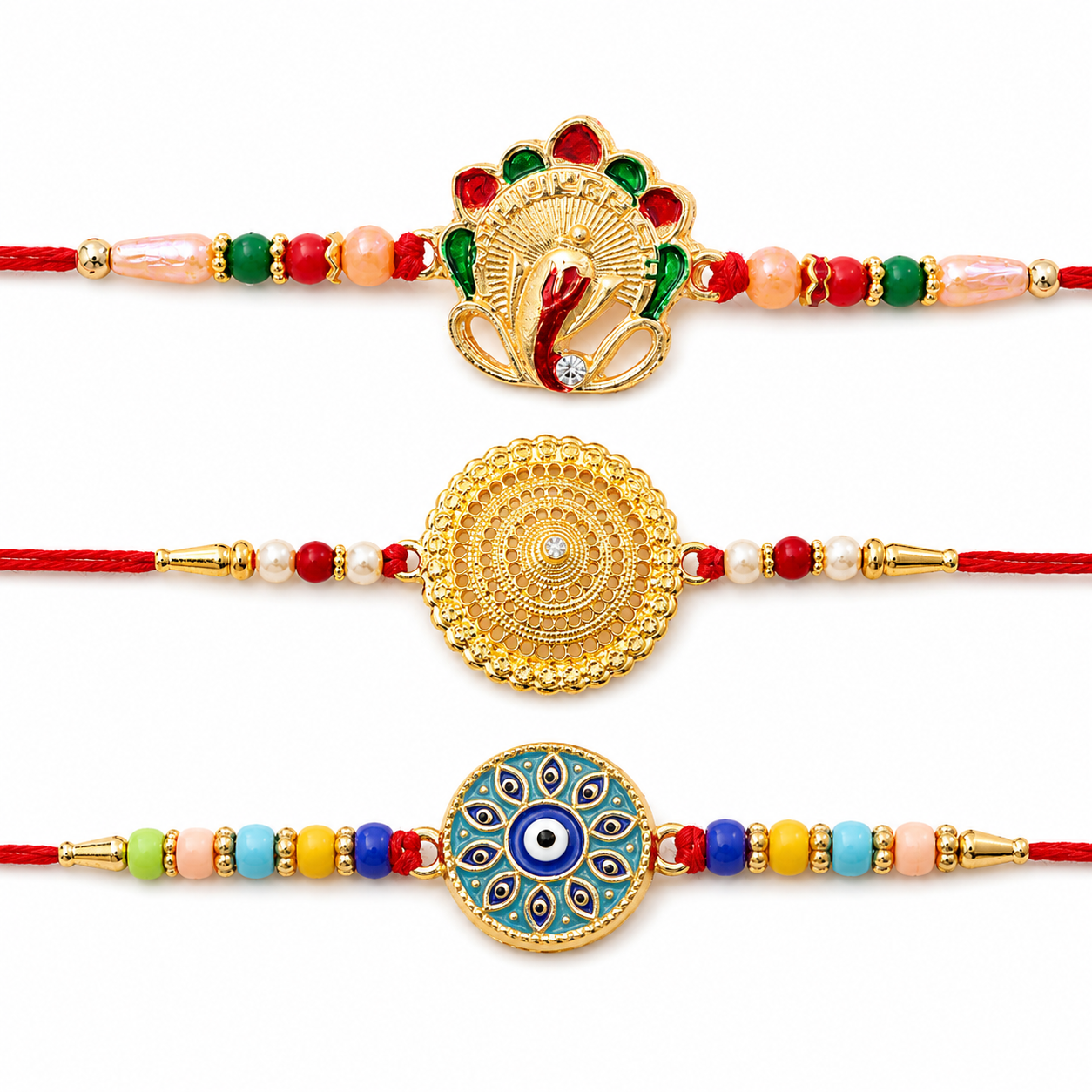 Evil Eye Mandala Round, Golden Flower & Sacred Om Ganesha Rakhi for Brother (3 Pc)