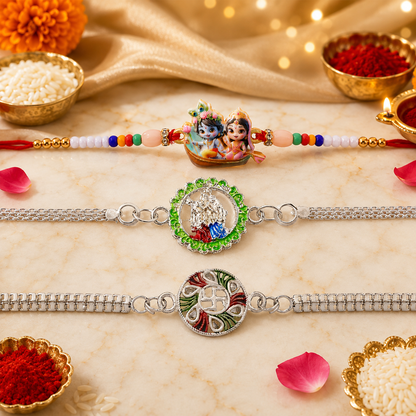 Swastik Enamel, Krishna Radha & Radha Krishna Chain Rakhi for Brother (3 Pc Set)