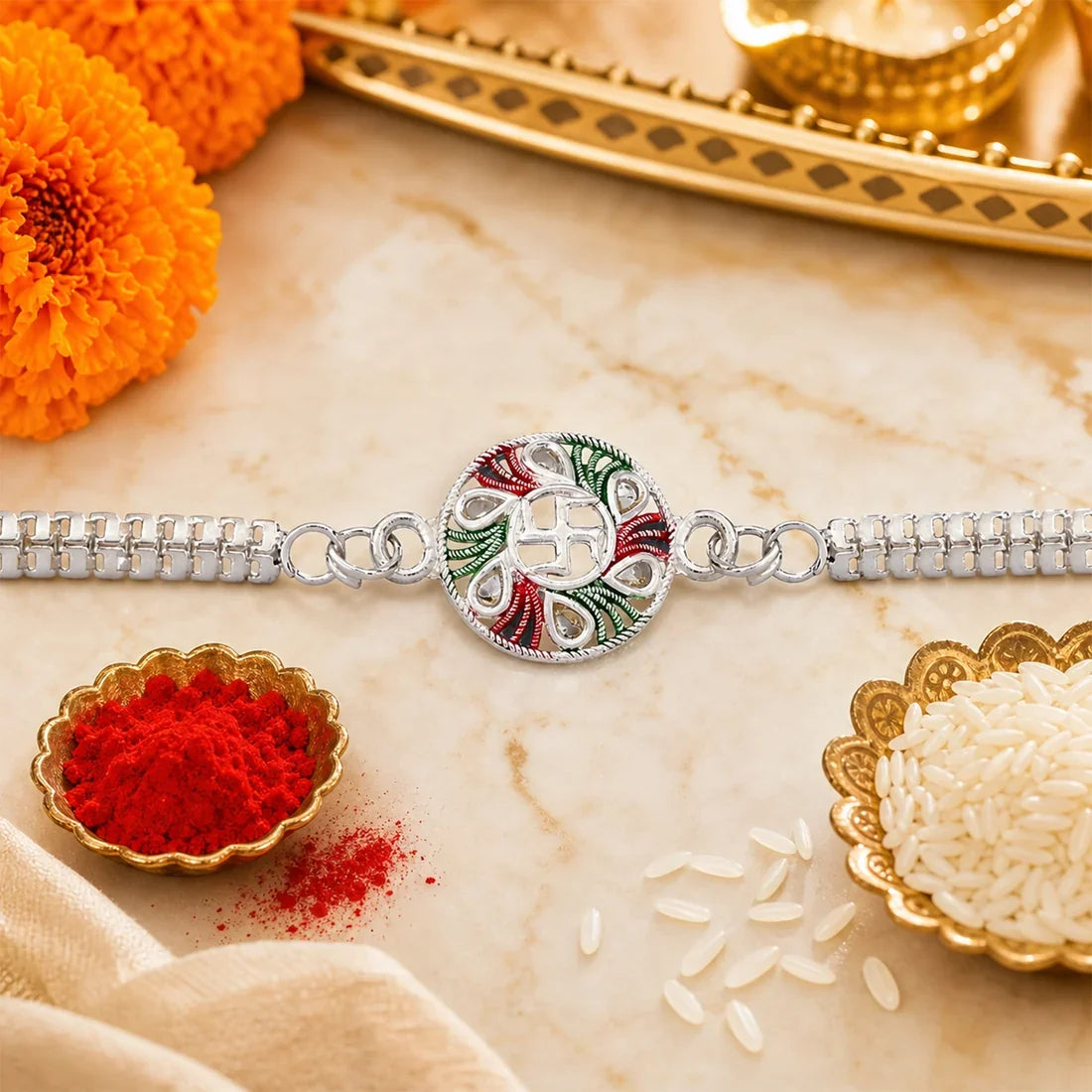 Swastik Enamel, Krishna Radha & Radha Krishna Chain Rakhi for Brother (3 Pc Set)