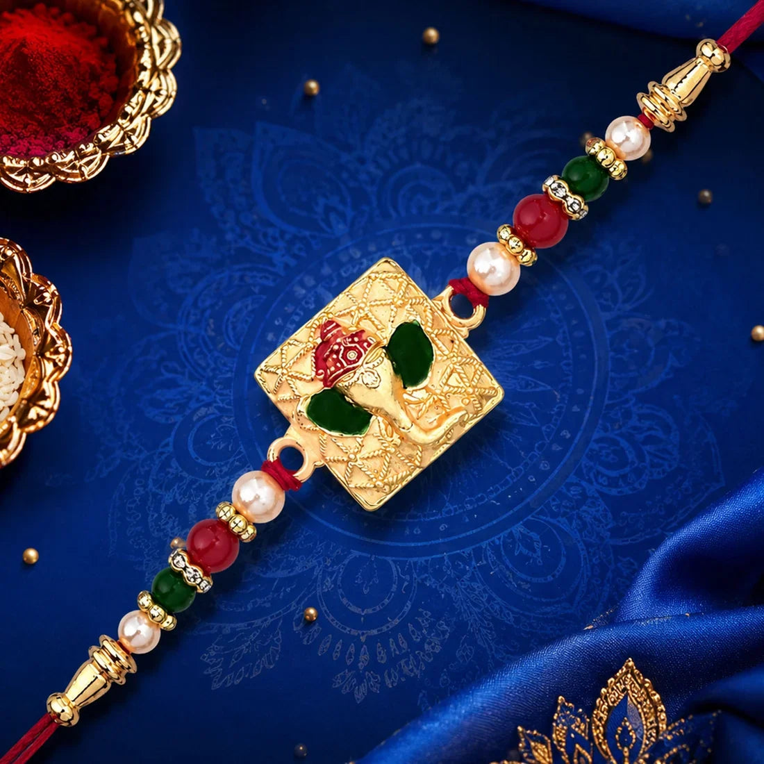 Golden Ganpati Beads, Rakhi Ki Dori & Peacock Beads Rakhi for Brother (3 Pc Set)