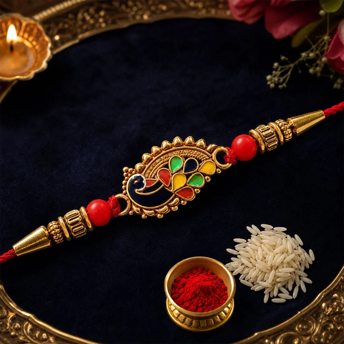 Golden Ganpati Beads, Rakhi Ki Dori & Peacock Beads Rakhi for Brother (3 Pc Set)