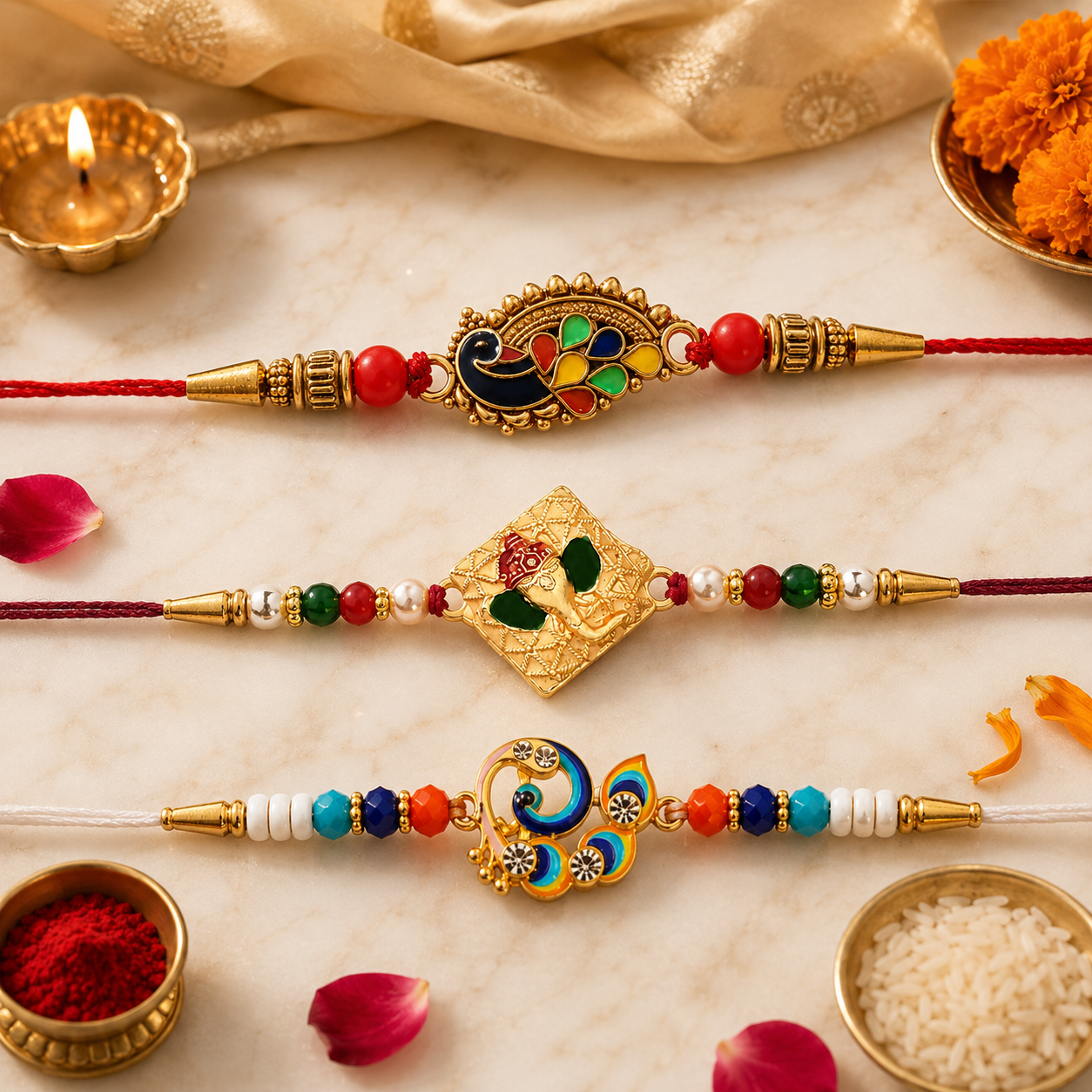 Golden Ganpati Beads, Rakhi Ki Dori & Peacock Beads Rakhi for Brother (3 Pc Set)