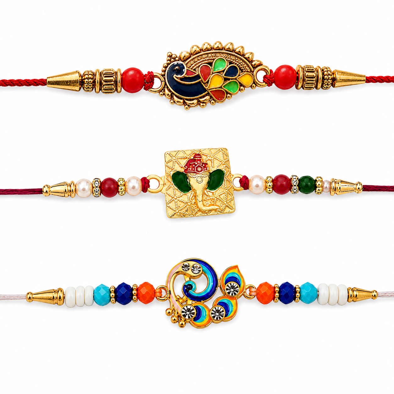 Golden Ganpati Beads, Rakhi Ki Dori & Peacock Beads Rakhi for Brother (3 Pc Set)