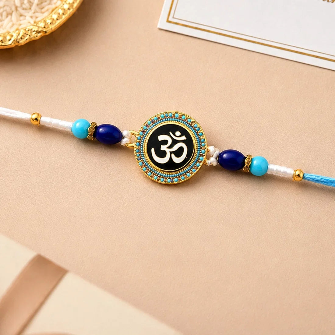 Om Symbol Design, Traditional Ganesh Beads & Spiritual Om Rakhi for Brother (3 Pc)