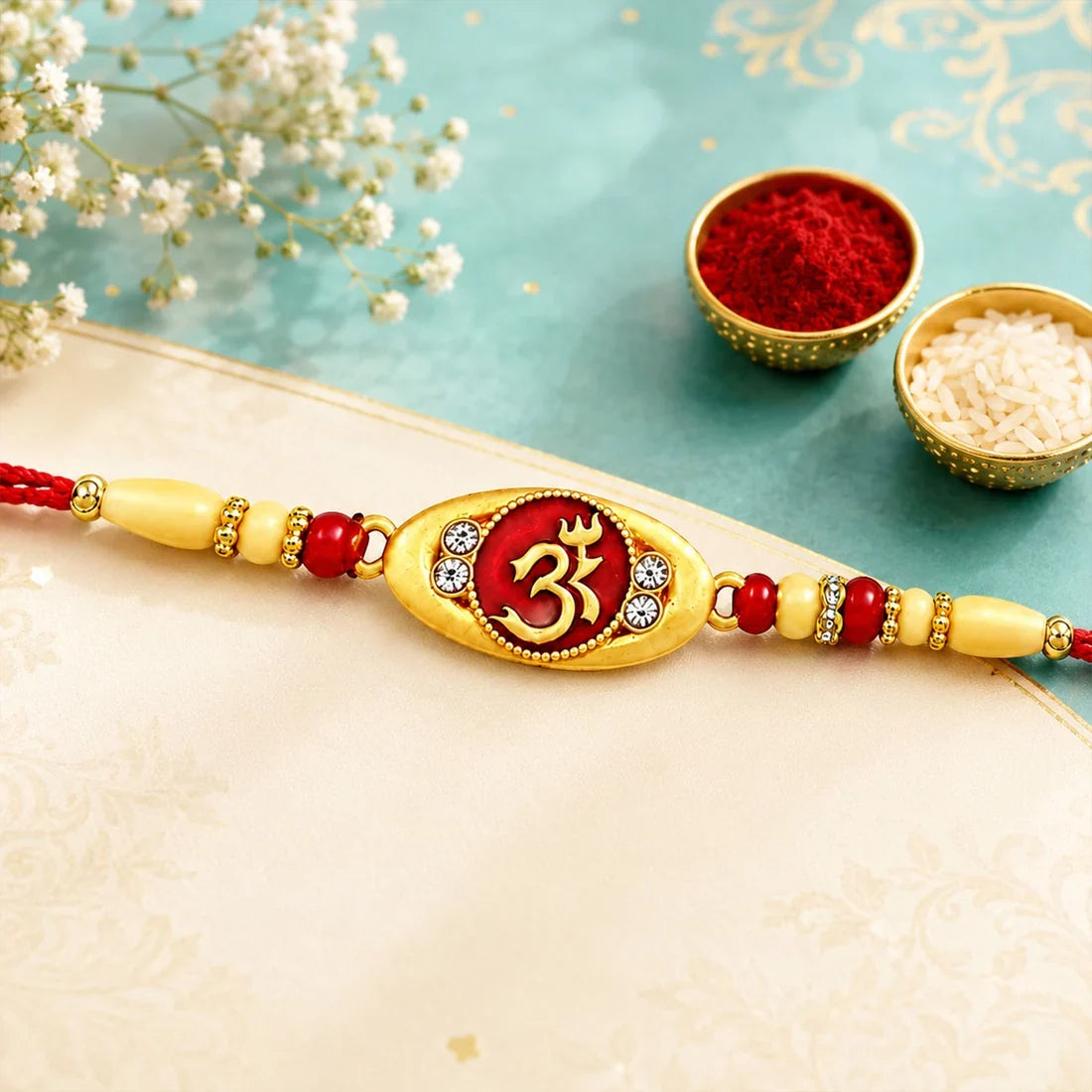 Om Symbol Design, Traditional Ganesh Beads & Spiritual Om Rakhi for Brother (3 Pc)