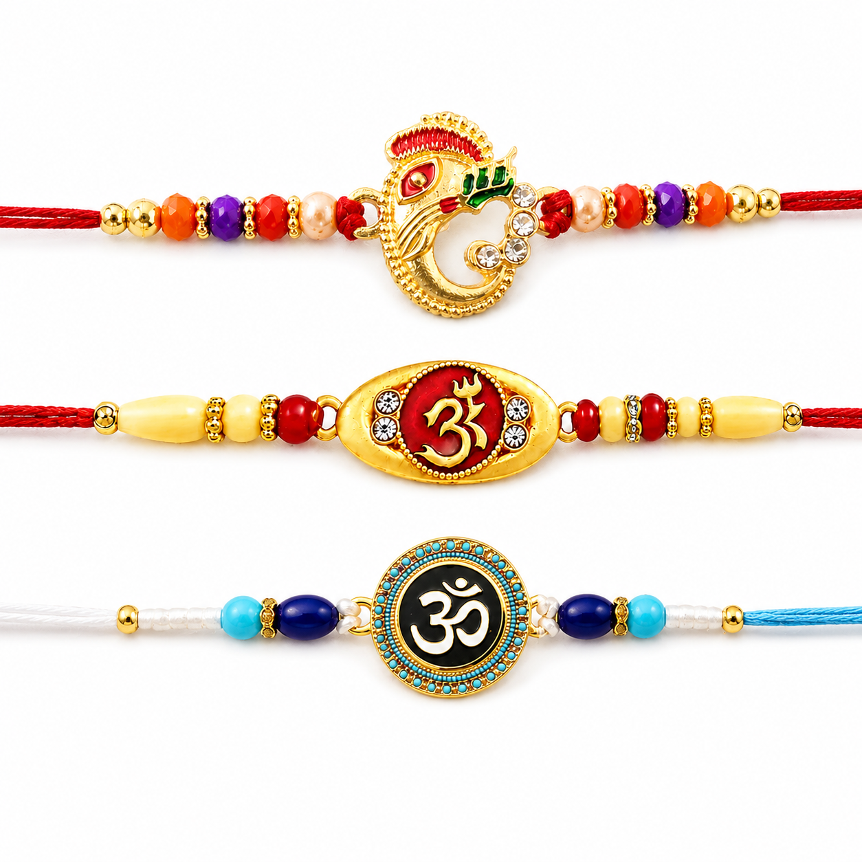Om Symbol Design, Traditional Ganesh Beads & Spiritual Om Rakhi for Brother (3 Pc)