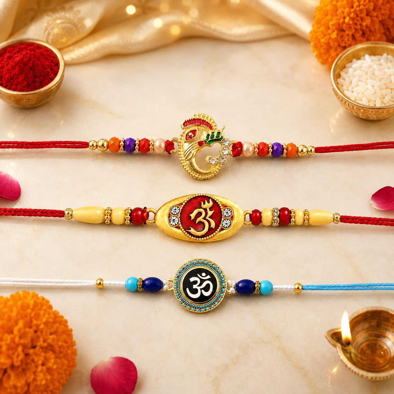 Om Symbol Design, Traditional Ganesh Beads & Spiritual Om Rakhi for Brother (3 Pc)