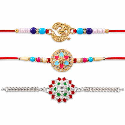 Floral Stone, Pink-Blue Enamel & Om Symbol Beaded Rakhi for Brother (3 Pc Set)
