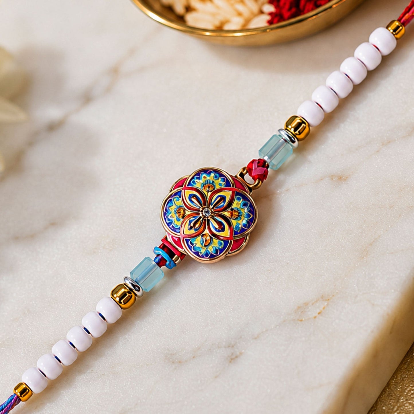 Stylish Meenakari Mandala Floral Kundan Crystal Multicolor Beads Rakhi