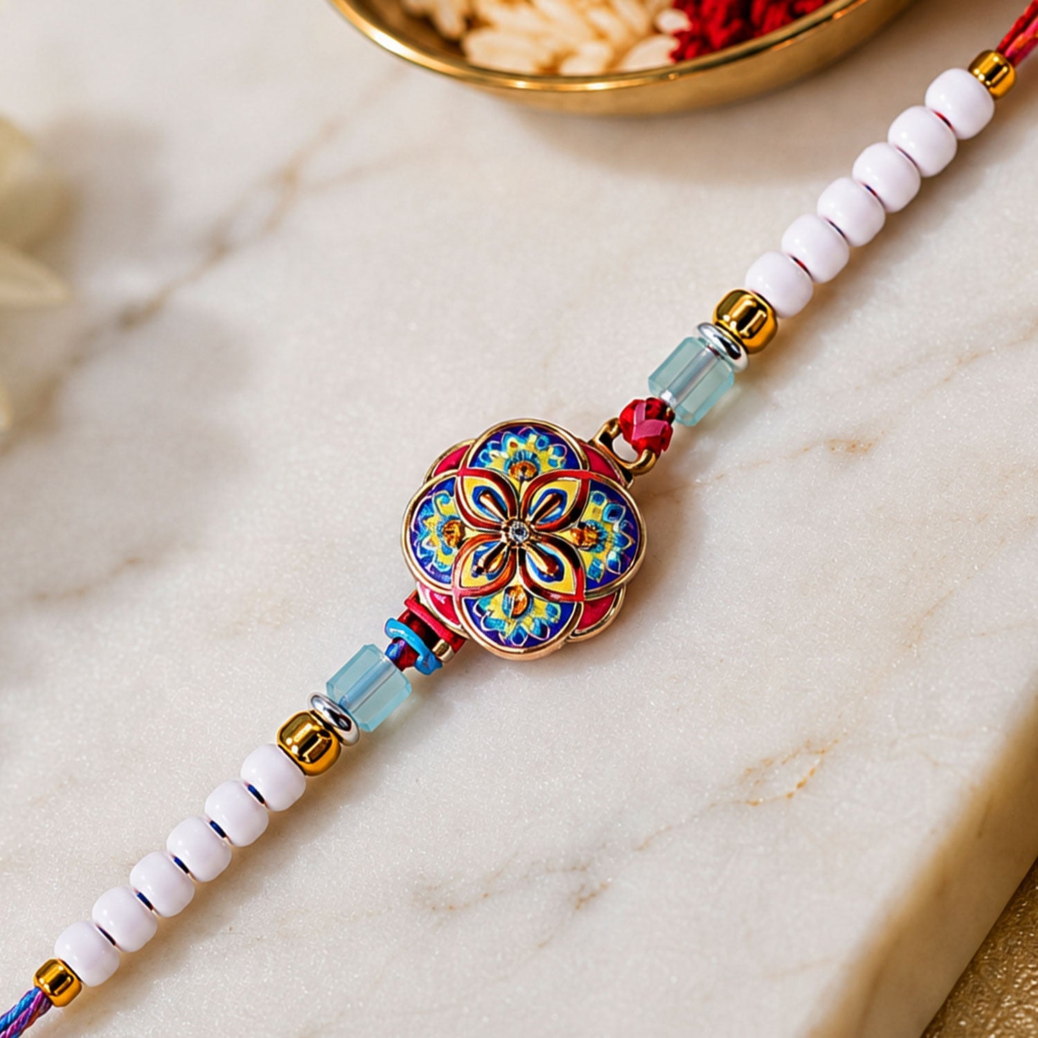 Stylish Meenakari Mandala Floral Kundan Crystal Multicolor Beads Rakhi