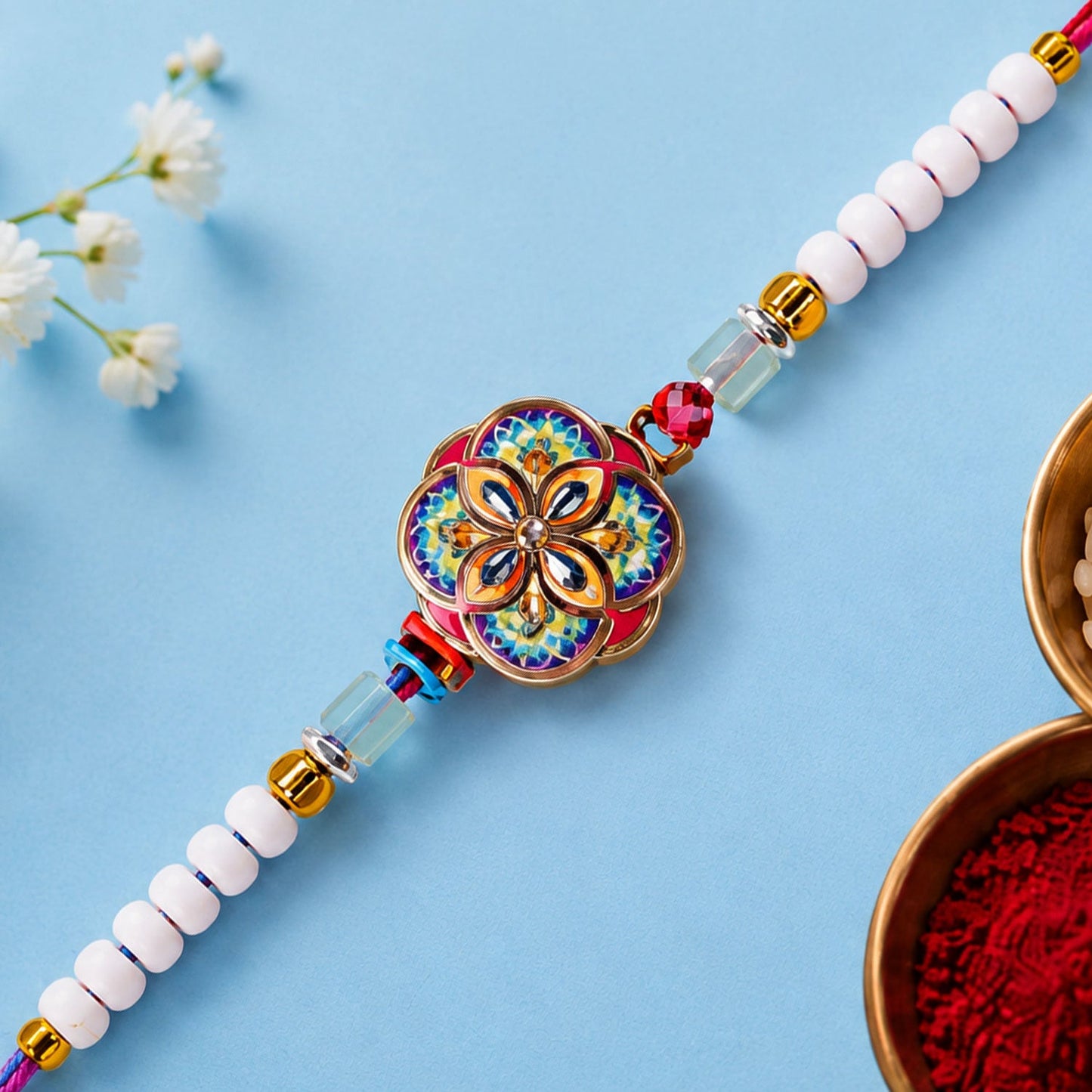 Stylish Meenakari Mandala Floral Kundan Crystal Multicolor Beads Rakhi