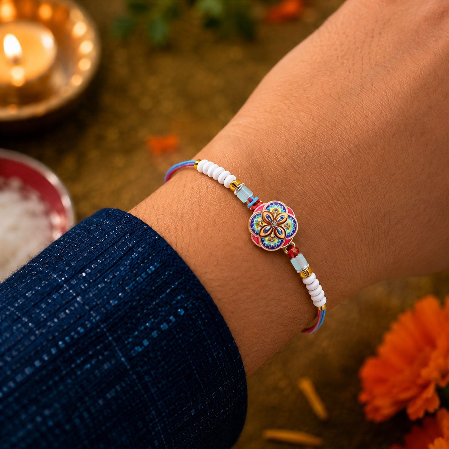 Stylish Meenakari Mandala Floral Kundan Crystal Multicolor Beads Rakhi