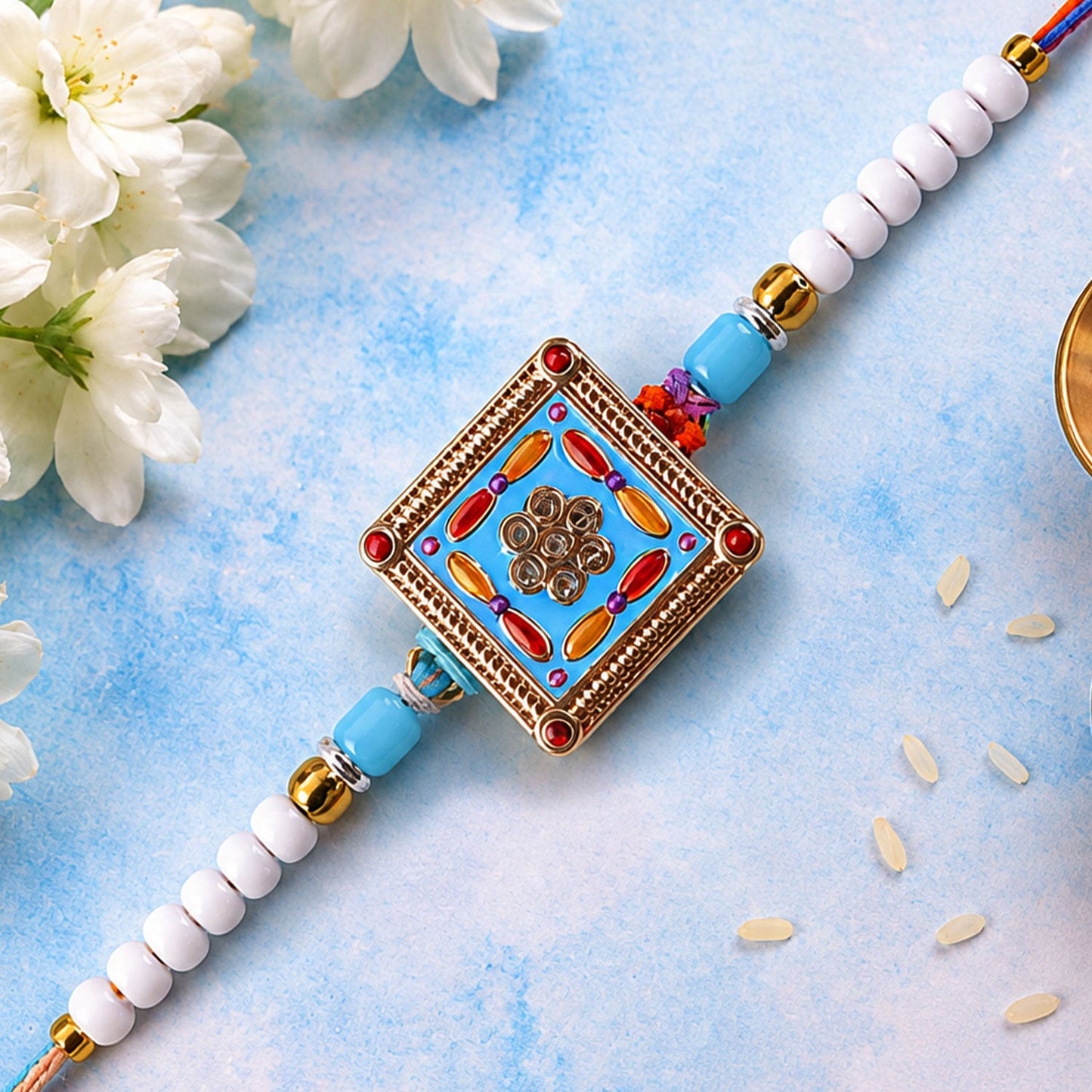 Premium Square Meenakari Enamel Crystal Stone Multicolor Beads Rakhi