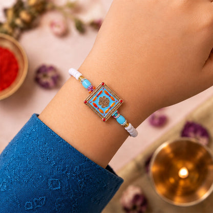 Premium Square Meenakari Enamel Crystal Stone Multicolor Beads Rakhi