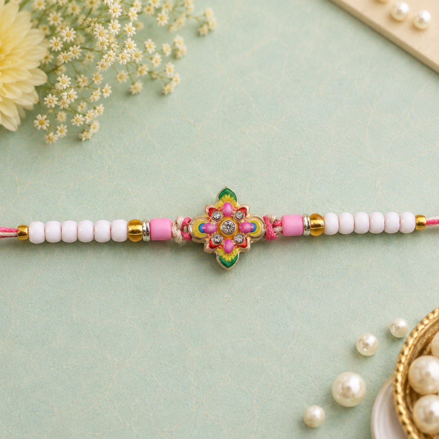 Floral Star Meenakari Enamel Crystal Stone Pearl Beads Designer Rakhi