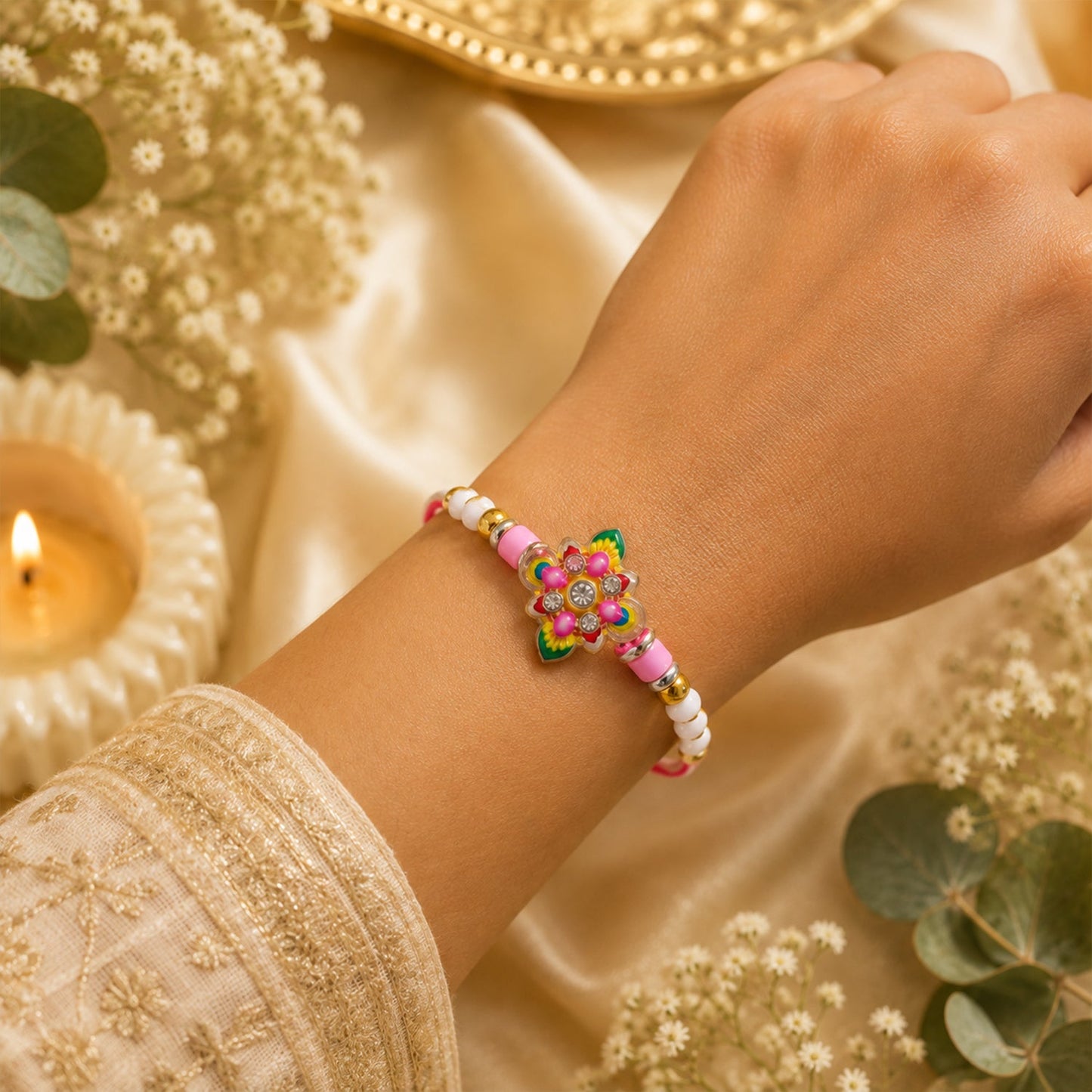 Floral Star Meenakari Enamel Crystal Stone Pearl Beads Designer Rakhi