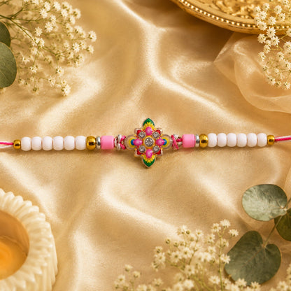 Floral Star Meenakari Enamel Crystal Stone Pearl Beads Designer Rakhi