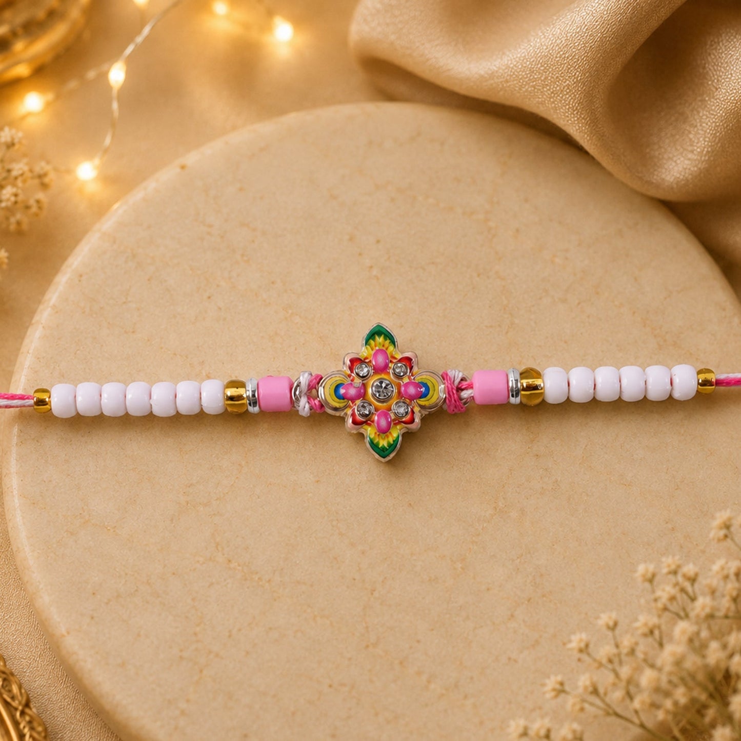 Floral Star Meenakari Enamel Crystal Stone Pearl Beads Designer Rakhi