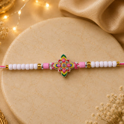 Floral Star Meenakari Enamel Crystal Stone Pearl Beads Designer Rakhi