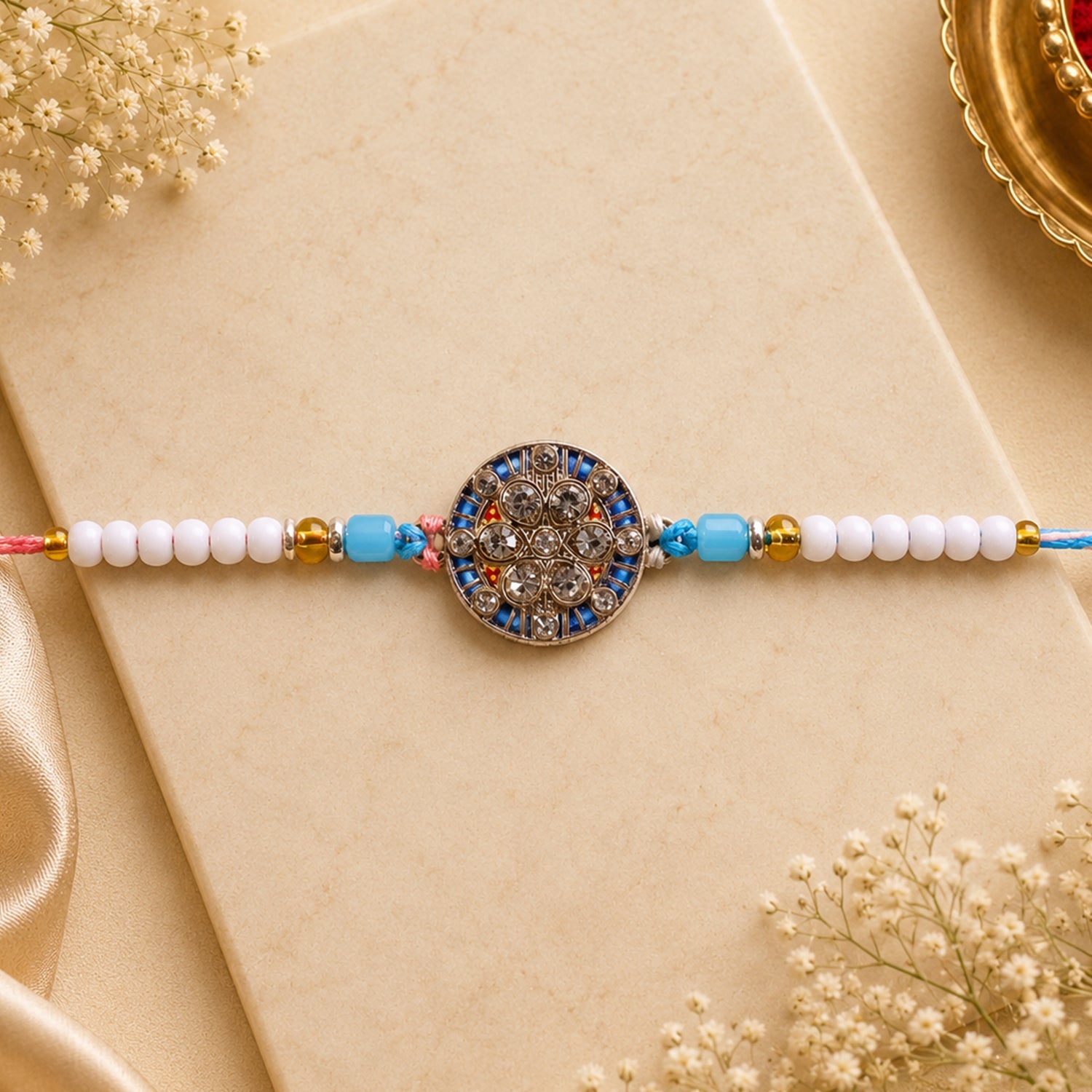 Round Meenakari Diamond Crystal Stone Pearl Beads Designer Rakhi