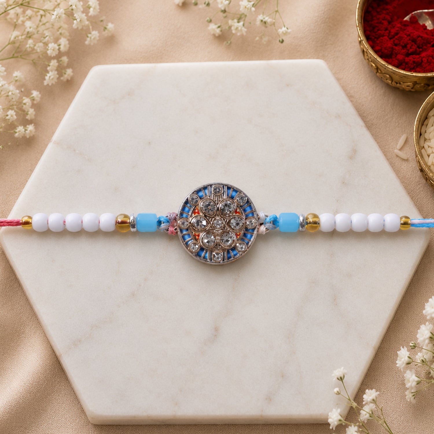 Round Meenakari Diamond Crystal Stone Pearl Beads Designer Rakhi