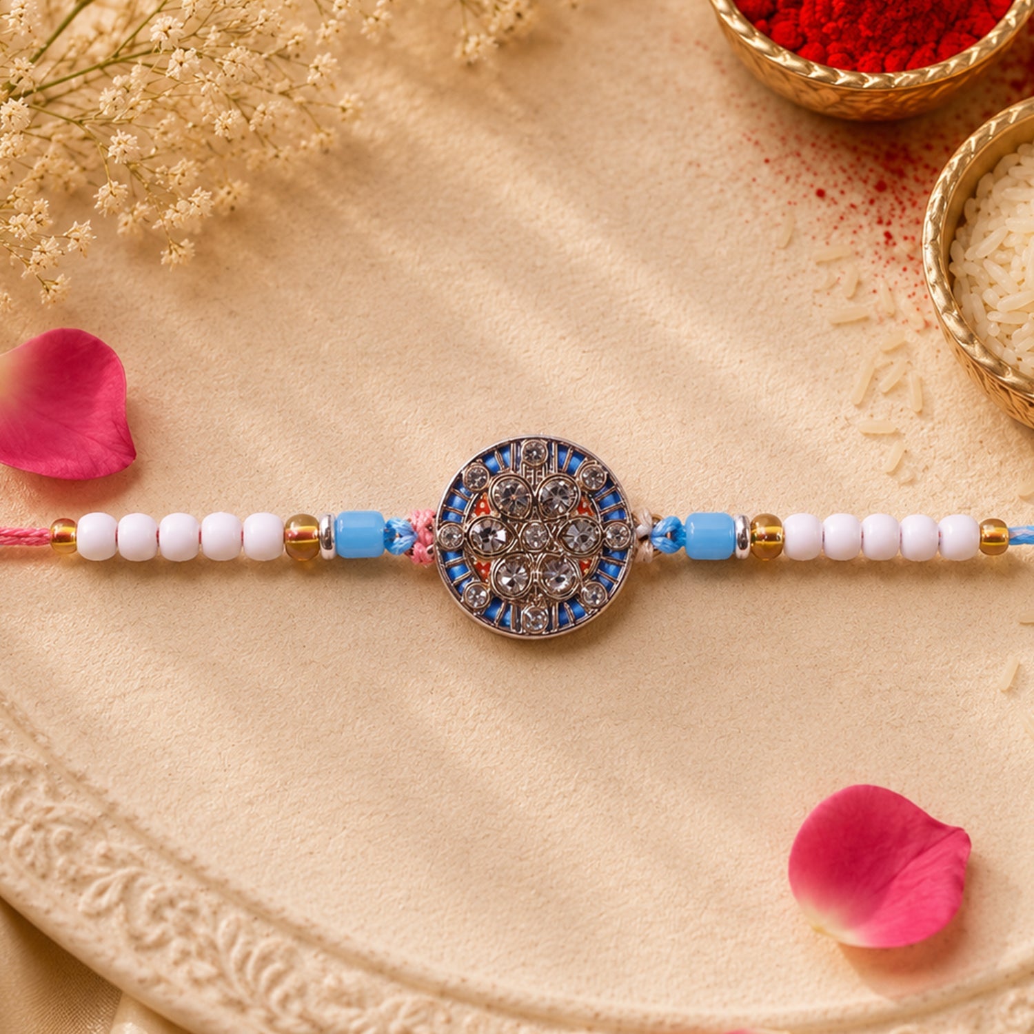 Round Meenakari Diamond Crystal Stone Pearl Beads Designer Rakhi