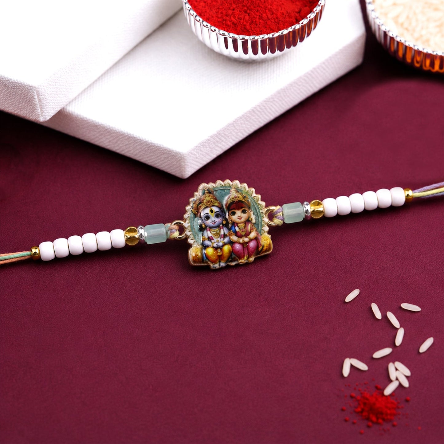 Cute Radha Krishna Printed Pearl Beads Traditional Designer Rakhi