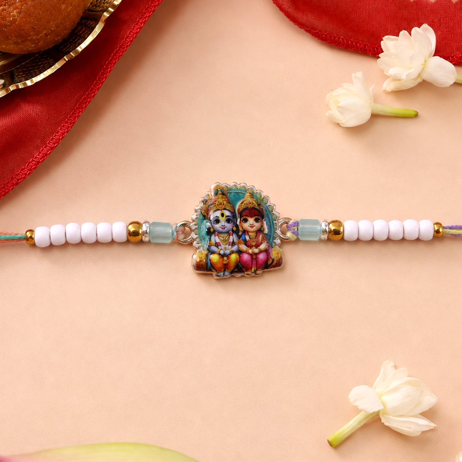 Cute Radha Krishna Printed Pearl Beads Traditional Designer Rakhi