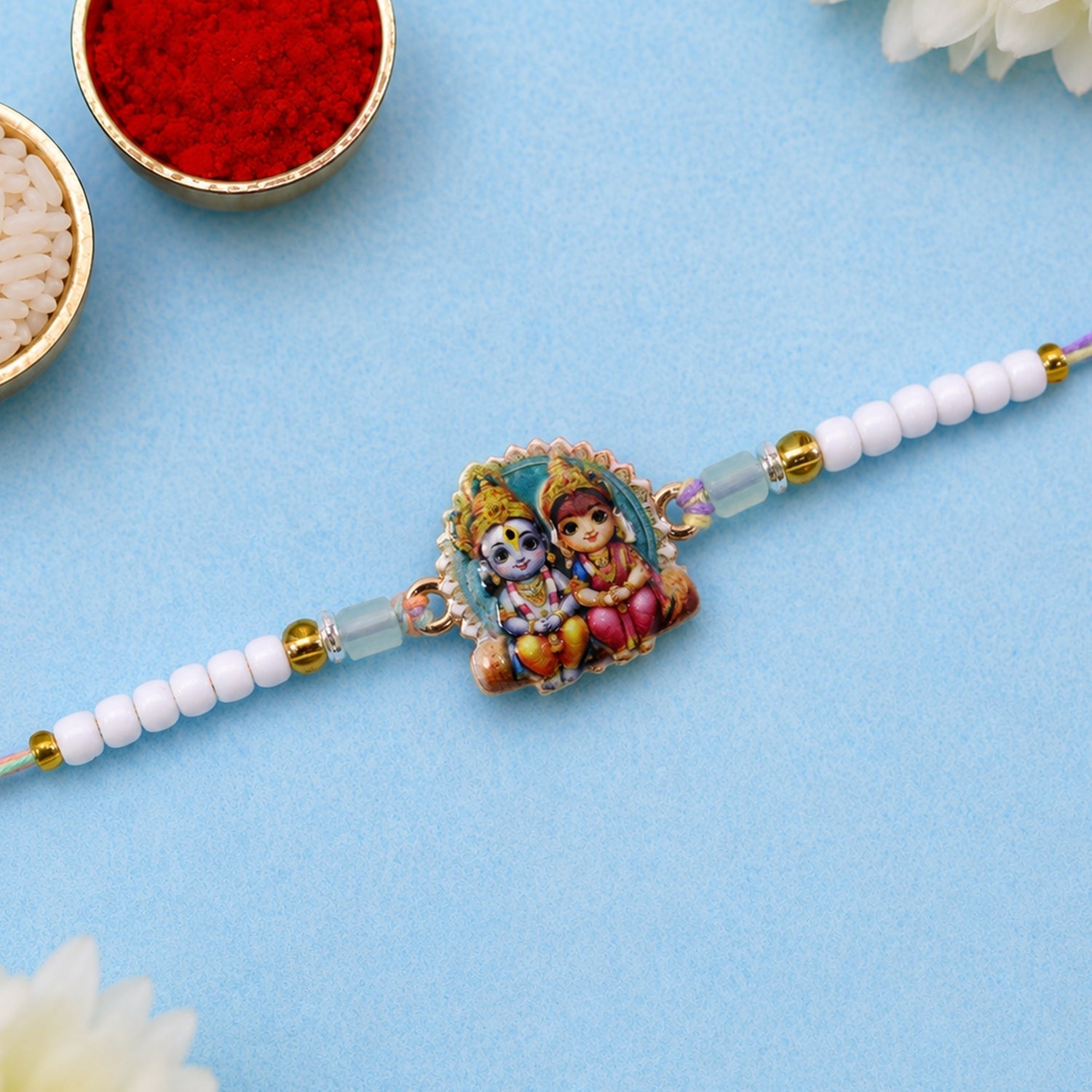 Cute Radha Krishna Printed Pearl Beads Traditional Designer Rakhi