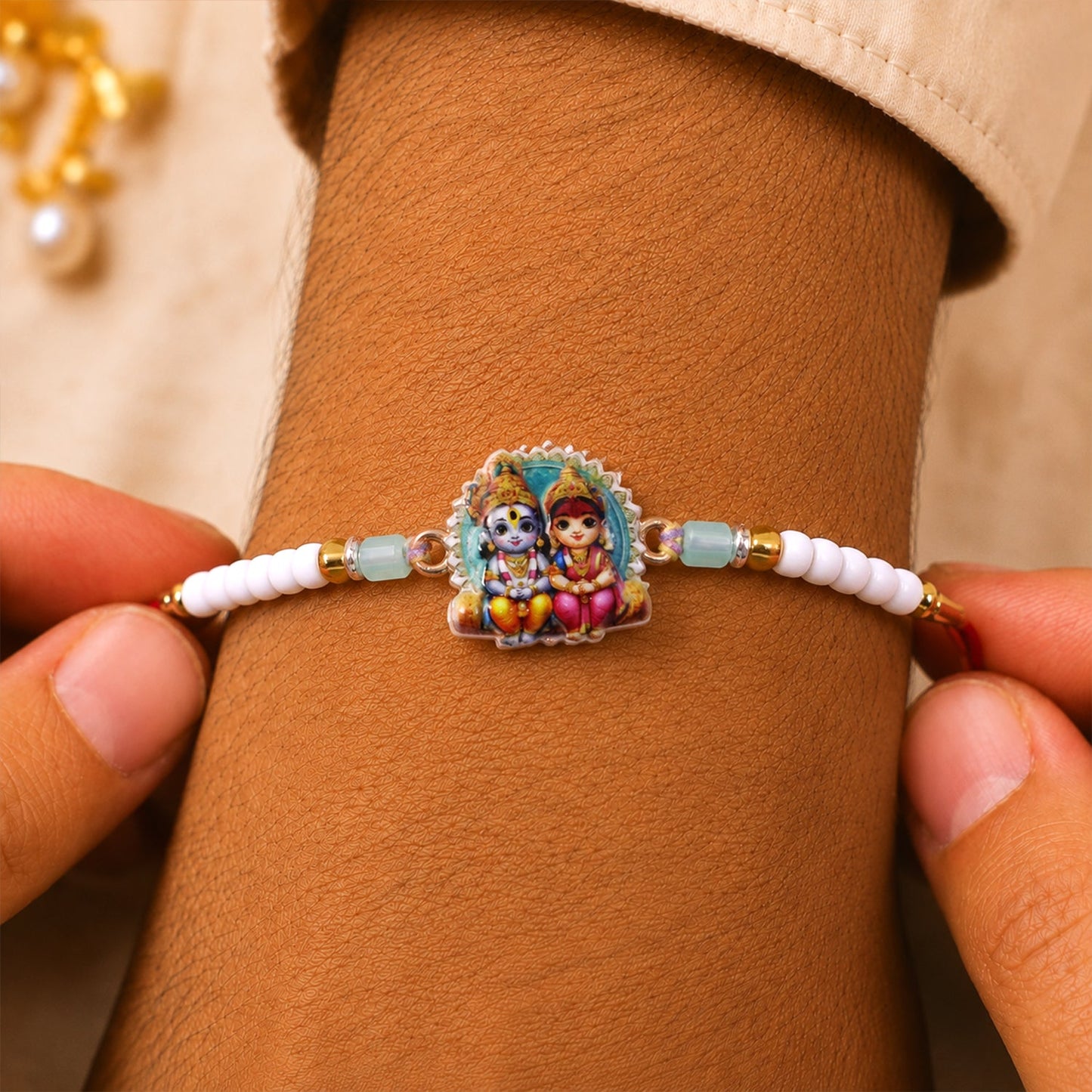 Cute Radha Krishna Printed Pearl Beads Traditional Designer Rakhi