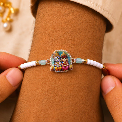 Cute Radha Krishna Printed Pearl Beads Traditional Designer Rakhi