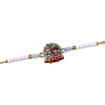 Cute Radha Krishna Printed Pearl Beads Traditional Designer Rakhi