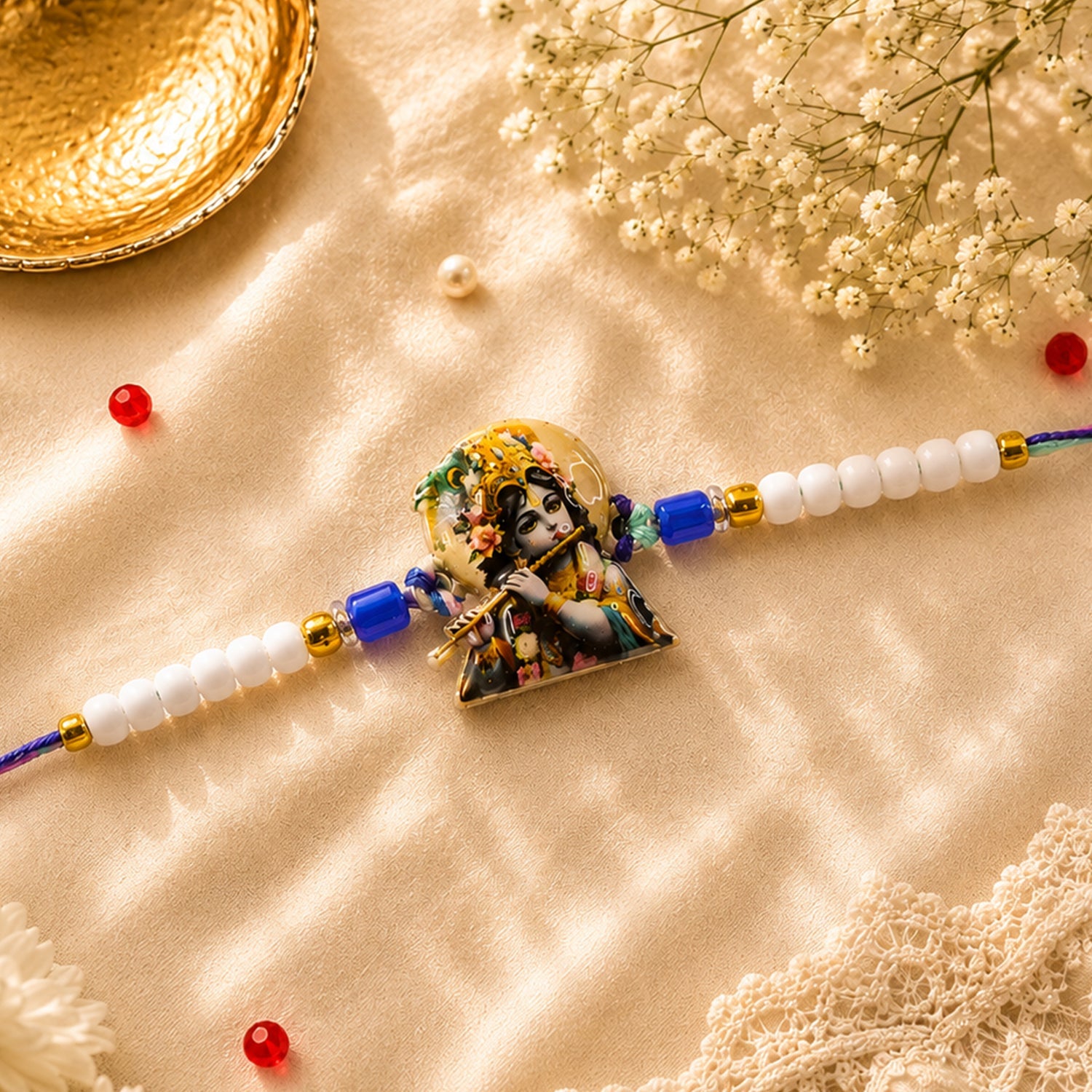 Krishna Bansuri Printed Pearl Beads Traditional Designer Rakhi