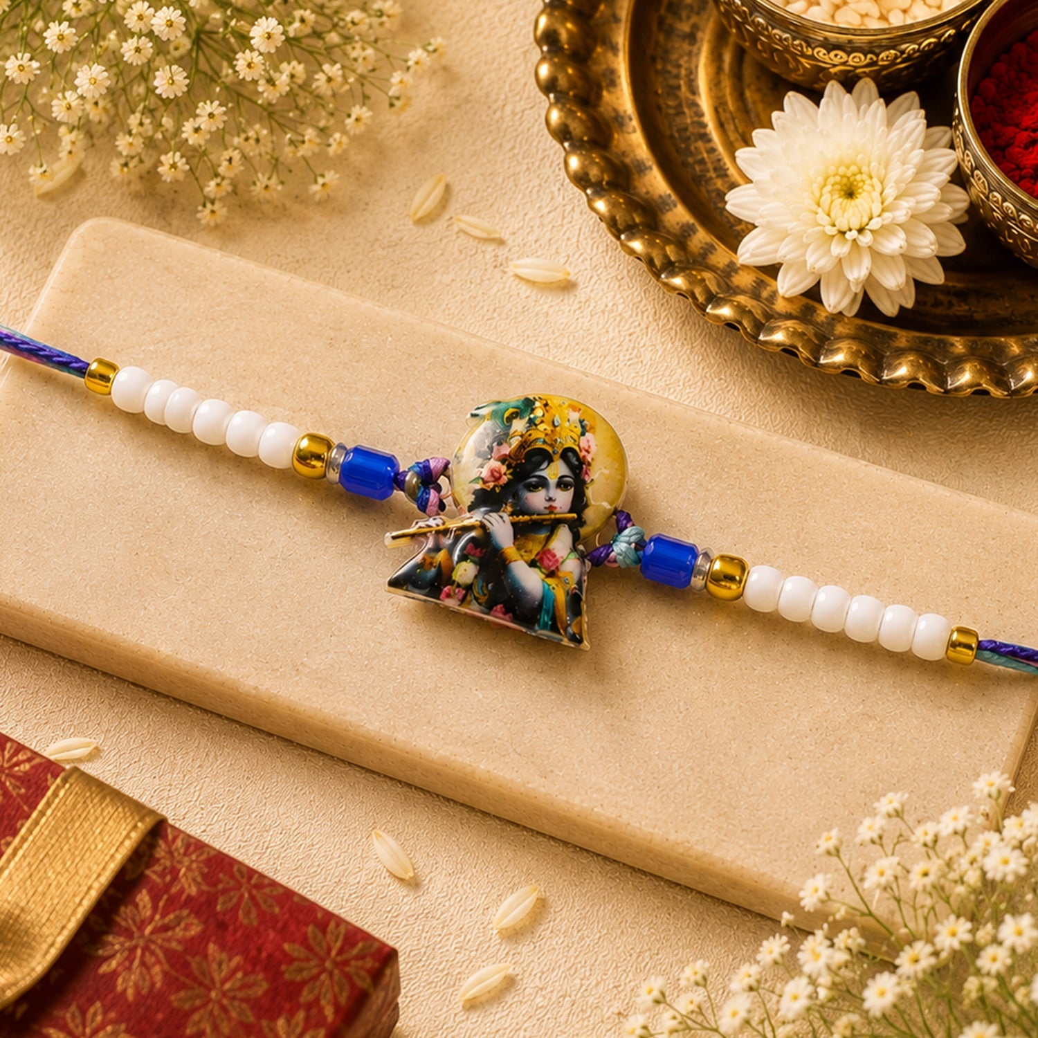 Krishna Bansuri Printed Pearl Beads Traditional Designer Rakhi