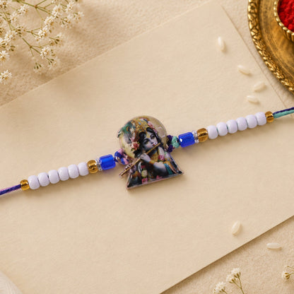 Krishna Bansuri Printed Pearl Beads Traditional Designer Rakhi