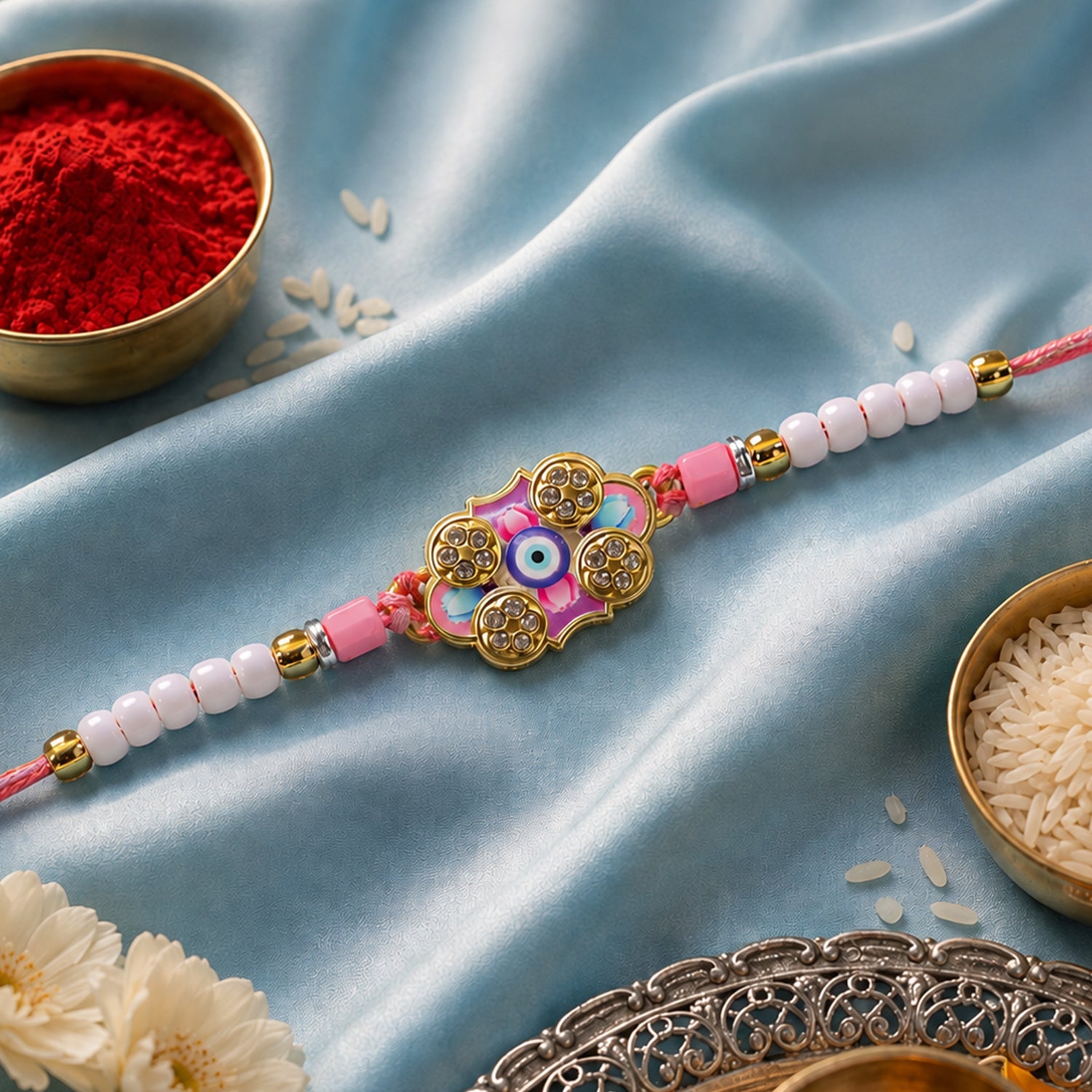 Floral Nazar Evil Eye Crystal Stone Pearl Beads Designer Rakhi