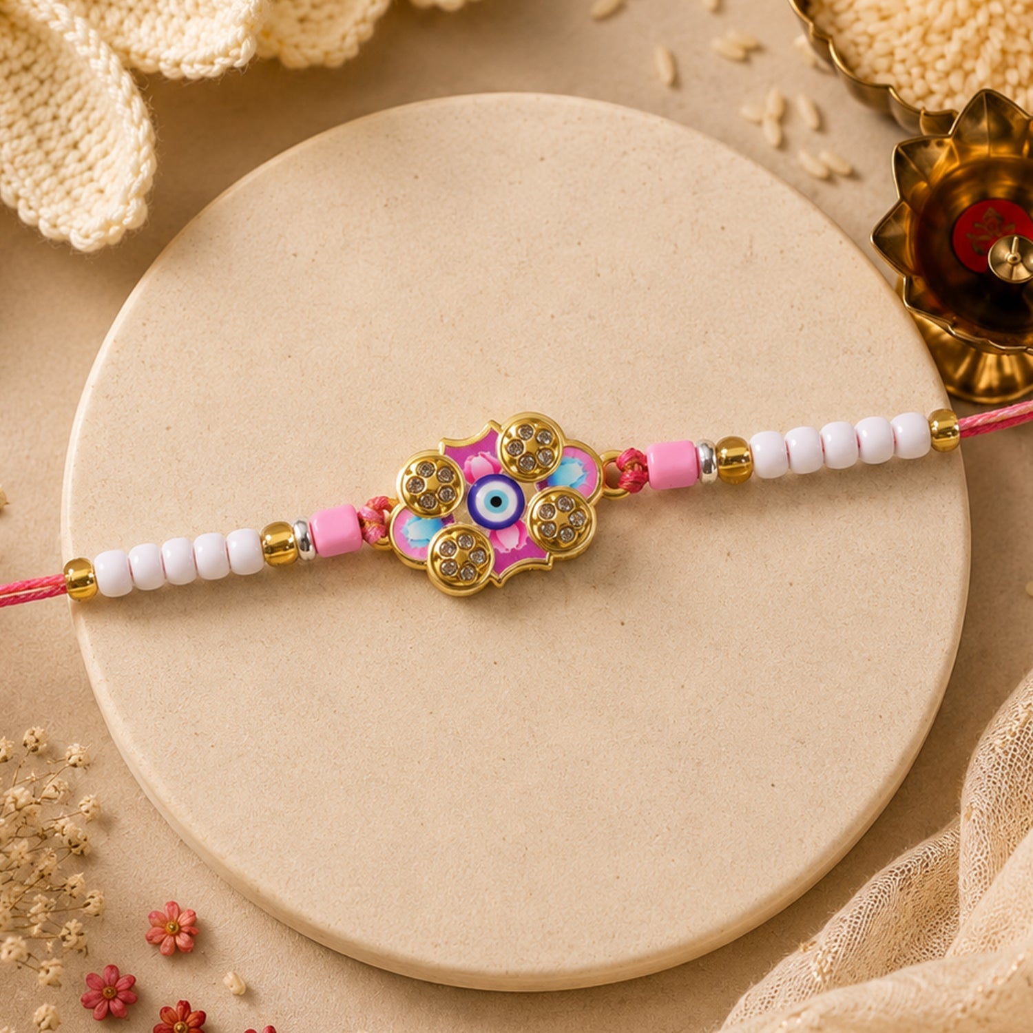 Floral Nazar Evil Eye Crystal Stone Pearl Beads Designer Rakhi